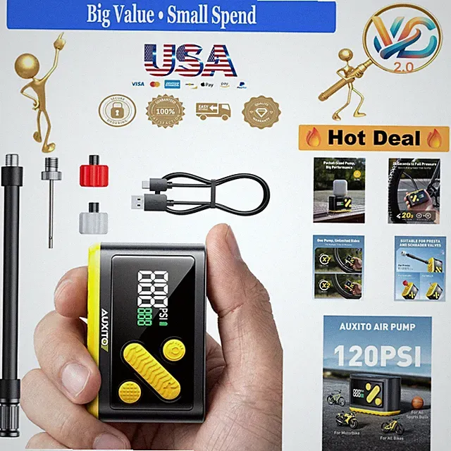 Mini Electric Bike Pump 120 PSI Fast Inflate Auto Stop Portable USB-C Recharg...