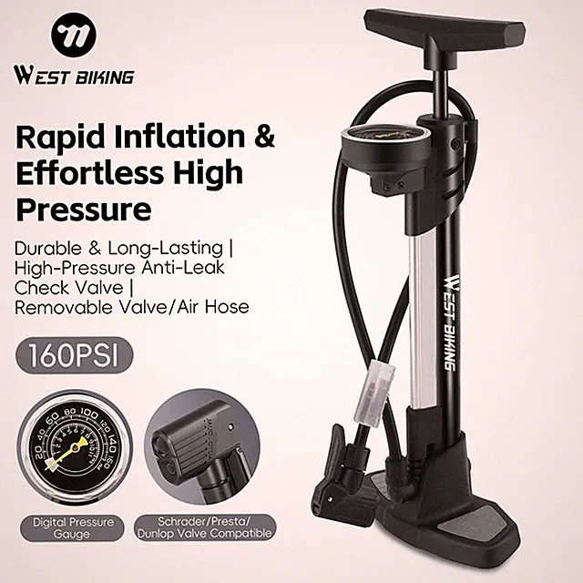 WEST BIKING Bicycle Floor Pump Bike Tire Car Pump Ball Inflator Gauge 160PSI